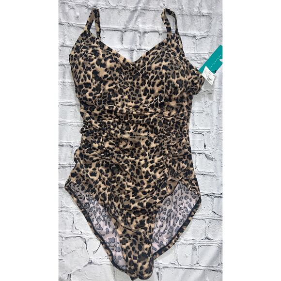 Women's Leopard Print Shirred Side One Piece Swimsuit-Aqua Green  Sz Large NWT - Picture 2 of 5